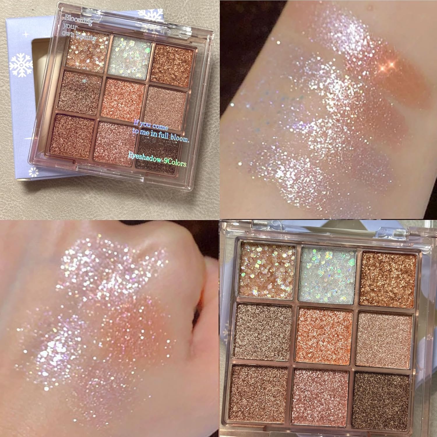 9-Color Korean Pigment-Rich Eyeshadow Palette, Cruelty-Free Cosmetic - Long-Lasting, Waterproof, Silky Smooth, Smudge-Proof - Pearl Powder Eye Make-Up with Shimmer, Glitter, Blend Easily Pink, Brown & Gold Shades