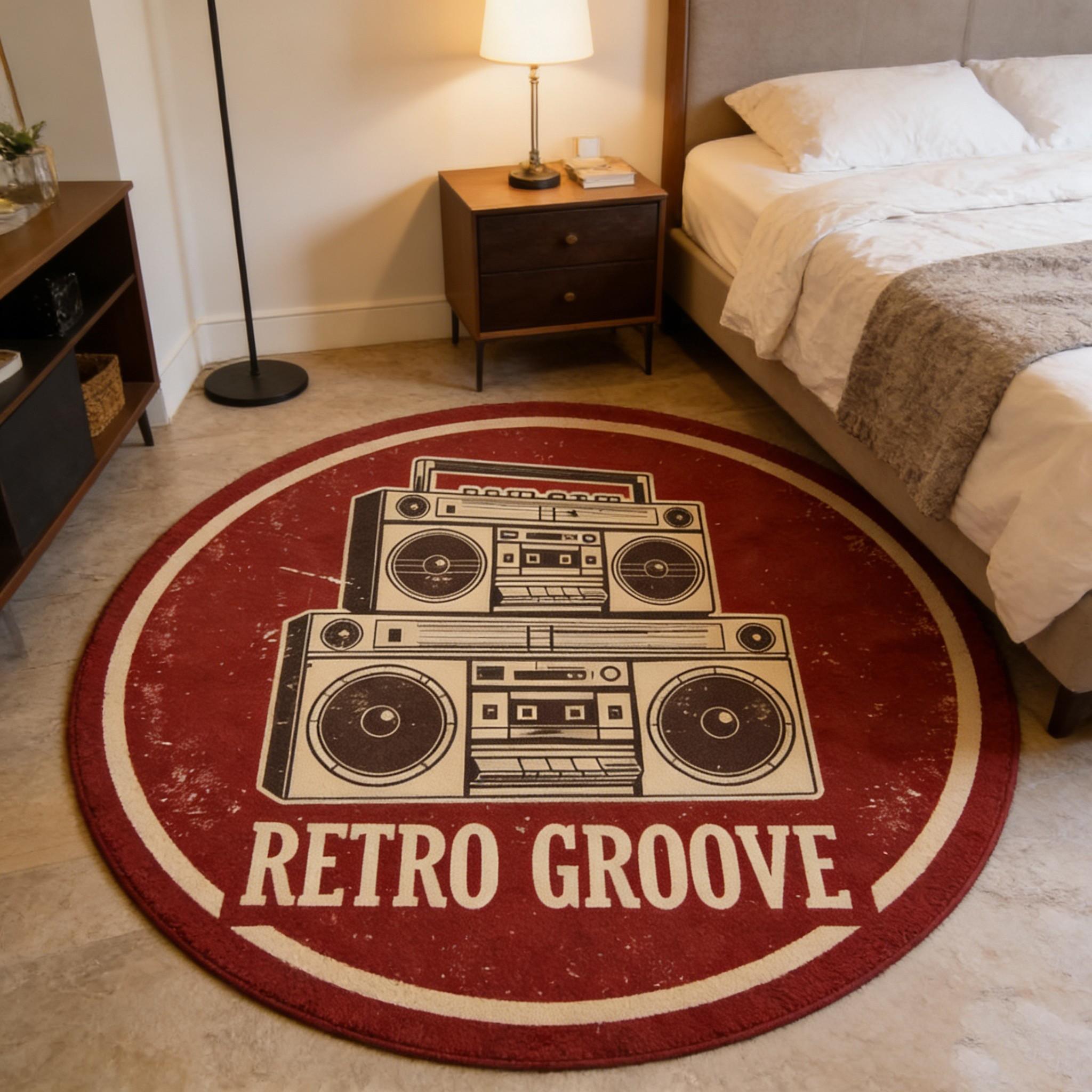 Retro Groove Round Rug, Vintage Style Living Room Sofa Runner, Bedroom Bedside Non-Slip Mat, Washable Decorative Carpet, Multi-Scene Use