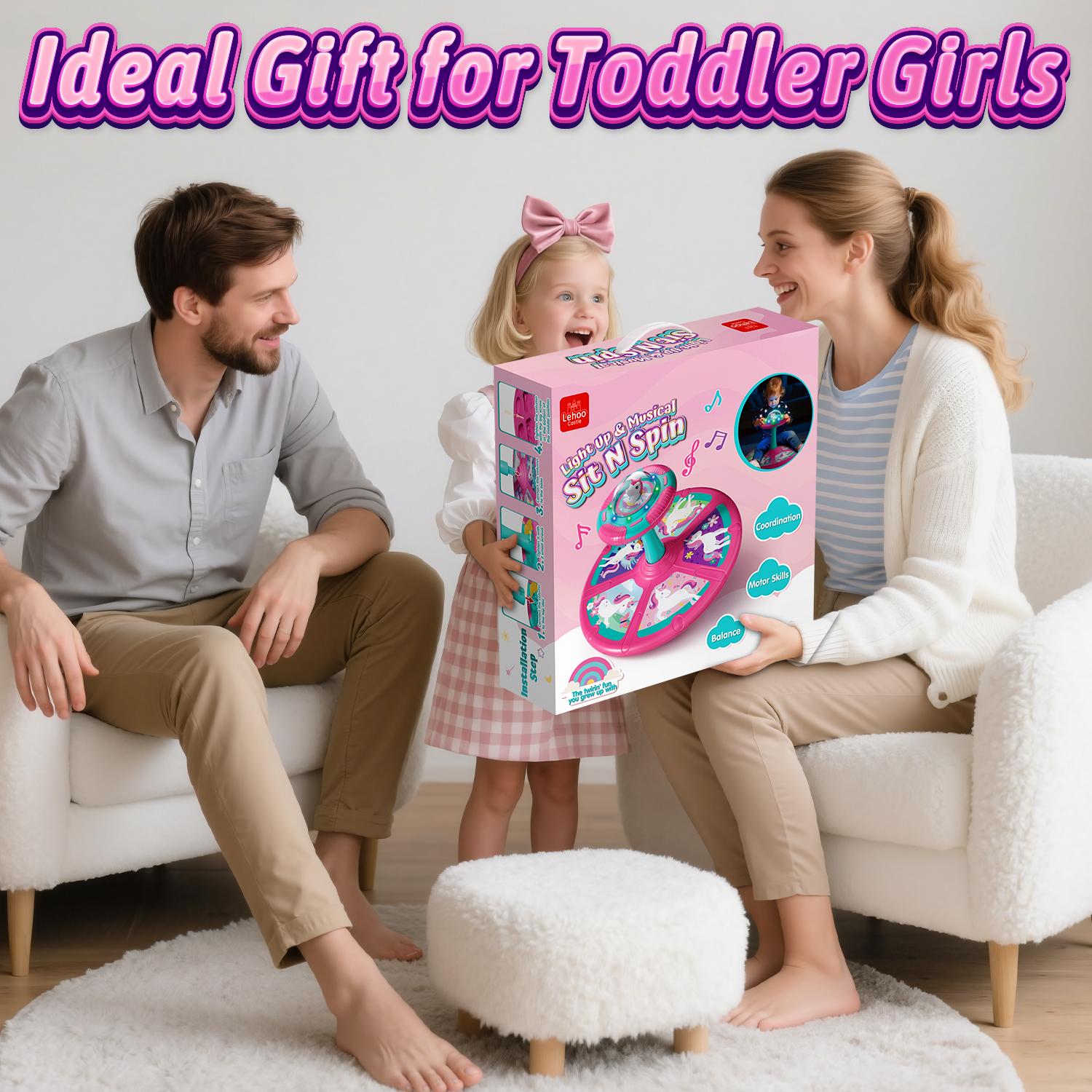 Lehoo Castle Unicorn Sit and Spin Toys, Children's Stress Reduction Toys, Sitting Spinning, Birthday Gift for Kids with LED Lights and Music, 360° Spin