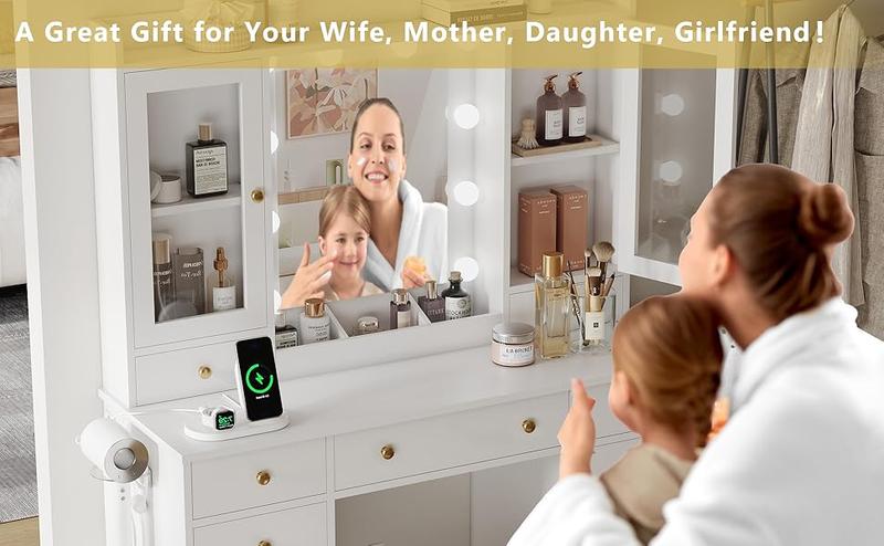 vanity with storage drawer, charging station, cabinet and chair, vanity with RGB ambient light, suitable for women's bedrooms and bathrooms