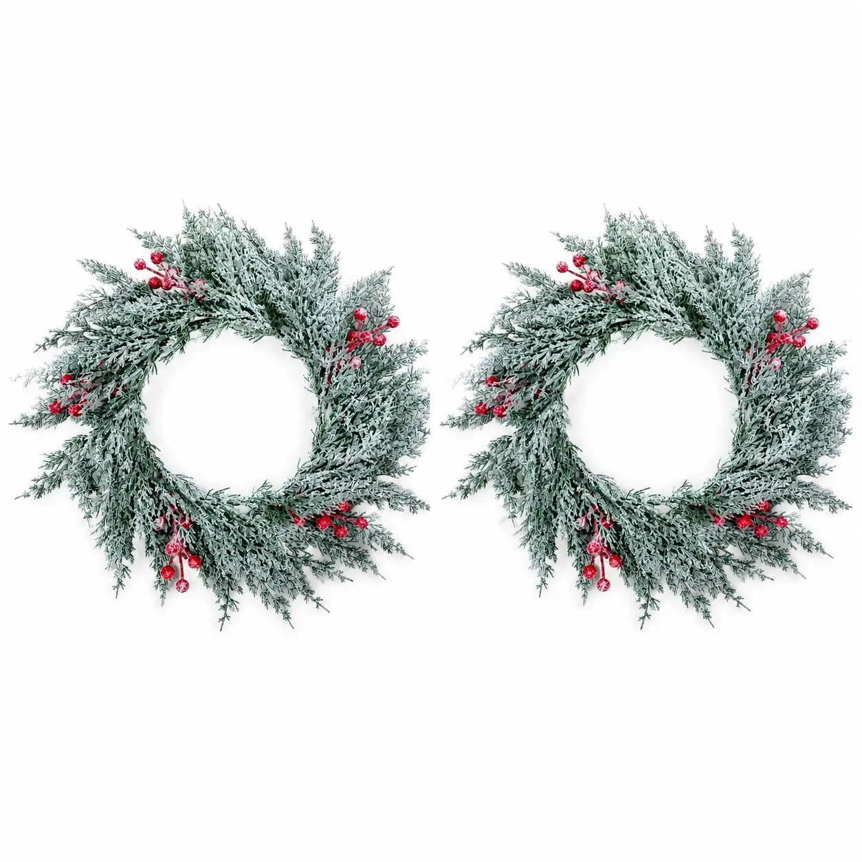 2 Pack Christmas Door Wreaths, Artificial Evergreen Pine Wreath with Berry Accents, Holiday Home Decor for Front Door, Window & Fireplace
