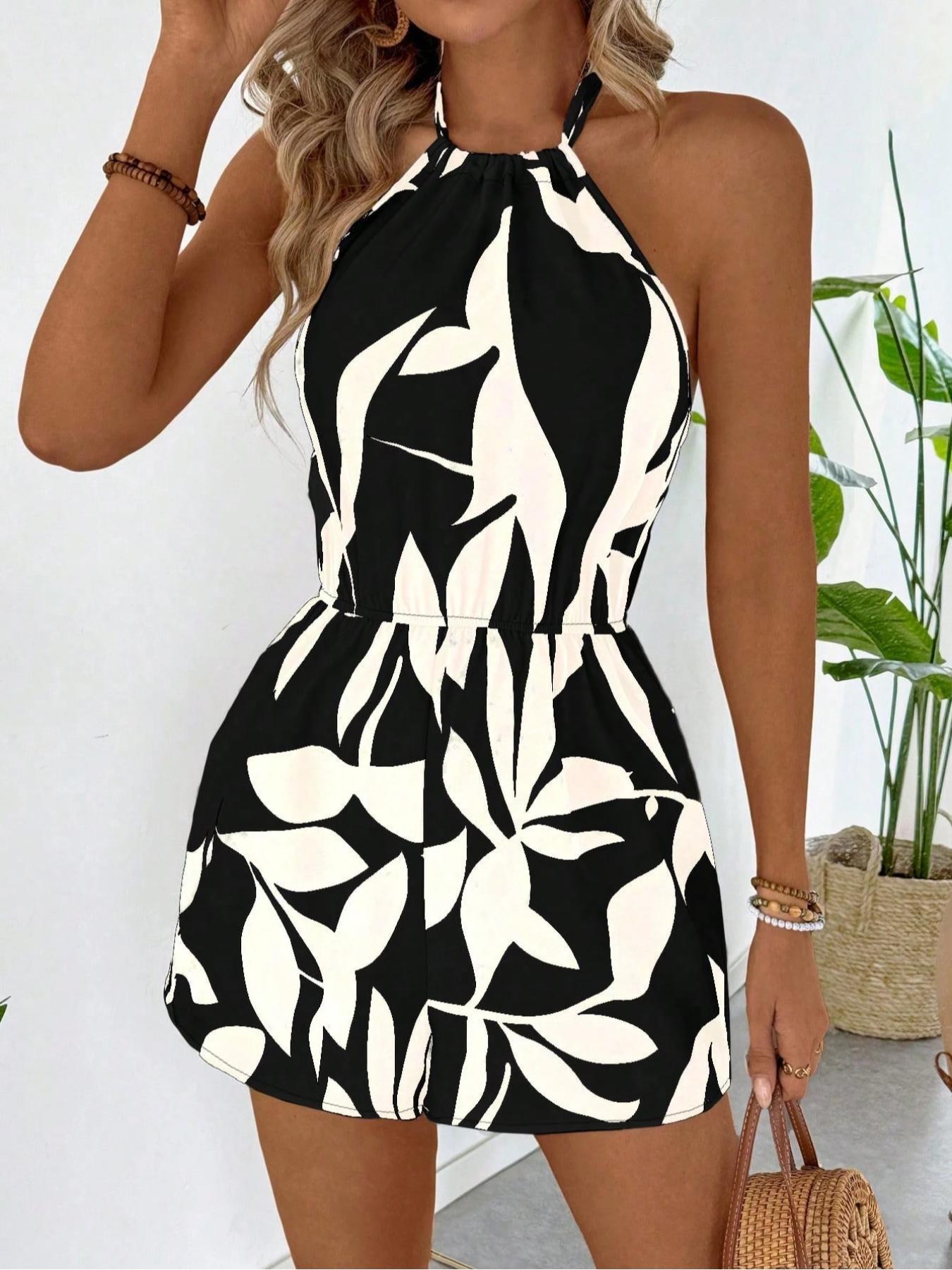 Women's High Waist Leaf Print Shorts, Spring Summer Casual Fashion, Comfortable Elastic Design, Stylish Daily Wear Clothing