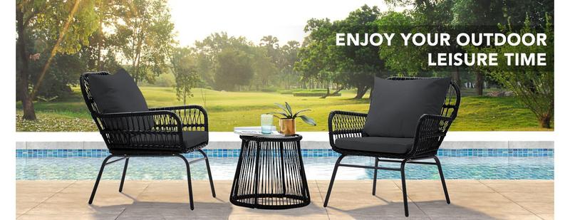 Patio Conversation Bistro Set, Outdoor All-Weather Wicker balcony Furniture with Tempered Glass Top Table Wide Ergonomic Armchairs, Seat Cushions for Porch, Backyard