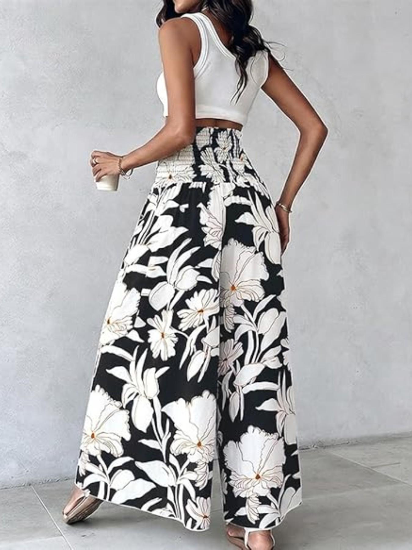 Boho Print Ruched Flowy High Waisted Wide Leg Pants, Bohemian Wide Leg Flowy Long Pants for Summer Beach Vacation, Casual Boho Pants, Women's Fashionable Loose-Fitting Bottoms