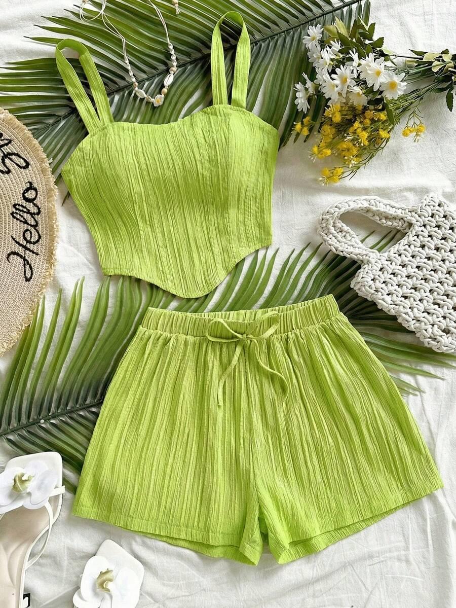 Women's Vacation Casual Resort Solid Color Spaghetti Strap Sleeveless Tank Top and Shorts Set, Summer Lounge Set, 2-Piece, Comfortable and Stylish, Perfect for Relaxing Days
