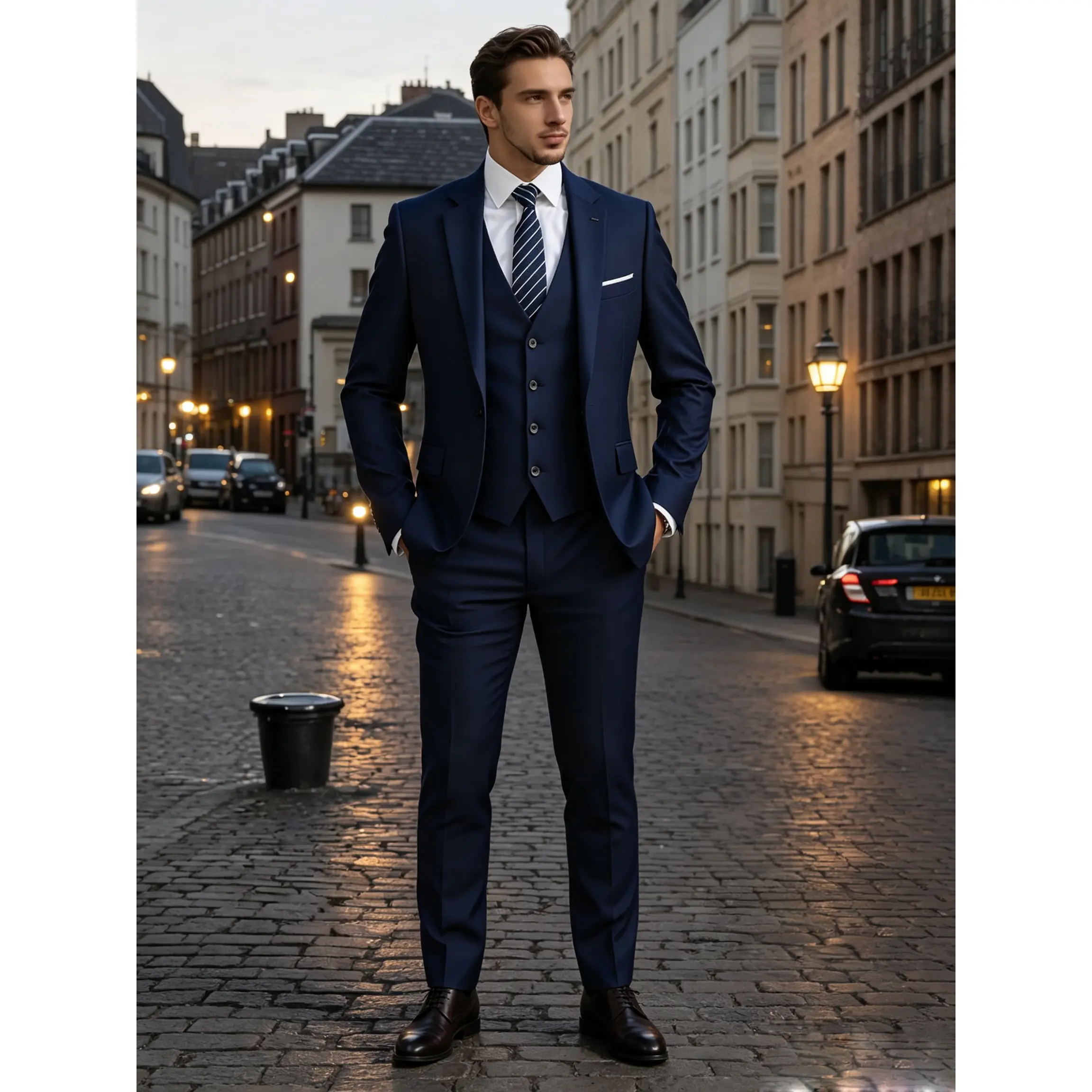 Men's 3-Piece Plain Formal Suit Set - Polyester Blend Regular Fit Lapel Blazer, Vest, Pants & Shirt for Office, Weddings, Workwear, Buttons, Rayon, Basics, Straight Pants, Business, Regular Sleeves, Neat Finish, Trouser, Work Wear, Viscose, Woven