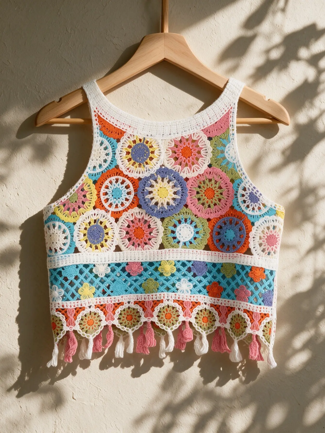 Boho Style Vintage Colorful Embroidered Halter Top, Short Sleeve Boho Beachwear, Flowing Design for Summer, Perfect for Casual Wear