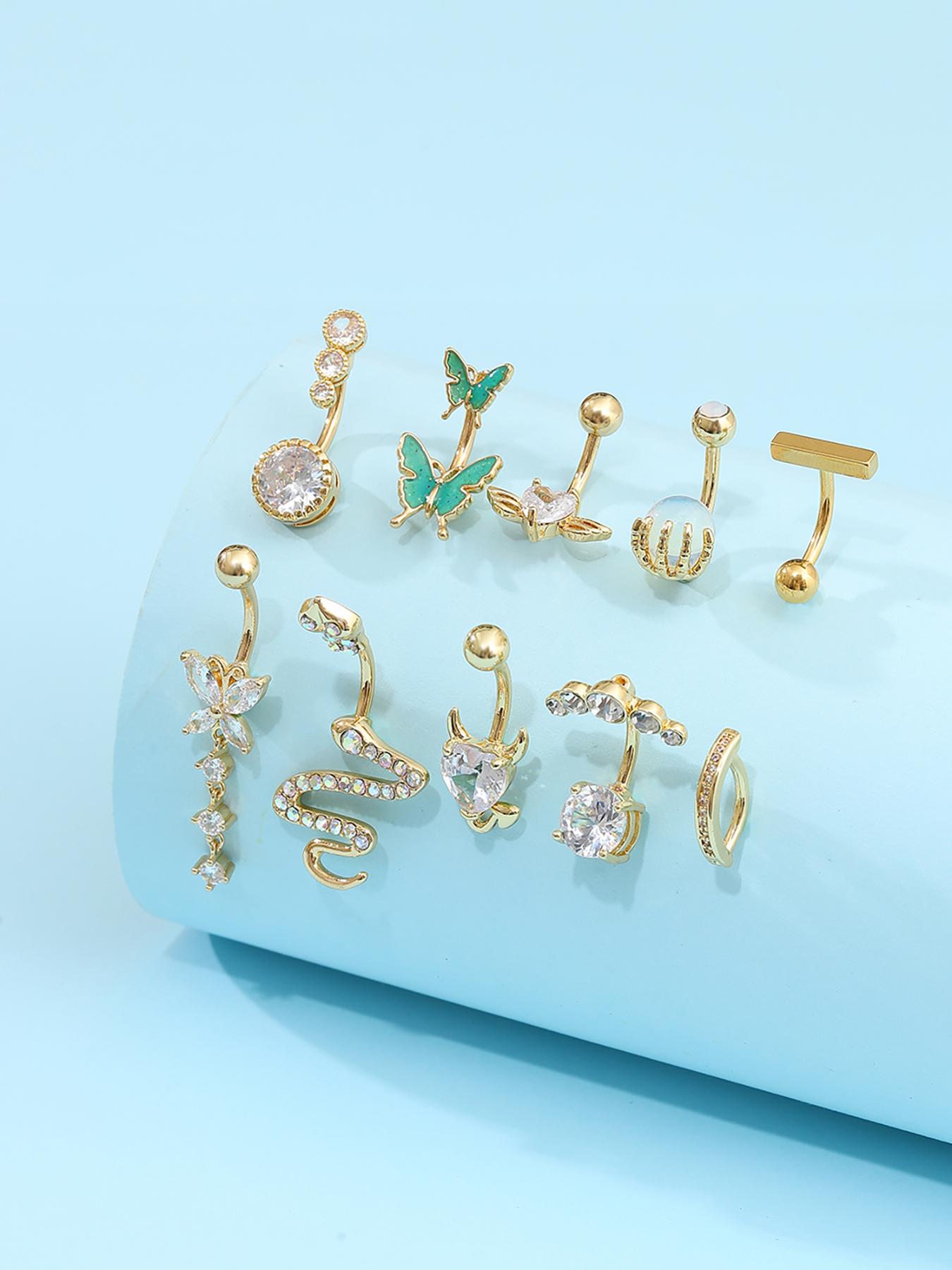 Women's Spring Rhinestone Butterfly & Snake Shape Belly Ring As Gift, Body Piercing Body Jewelry Set, Navel Piercing Jewelry, Maximalist Jewelry, Classic Belly Button Rings Accessories for Daily Wear Back To School, Body Jewellery