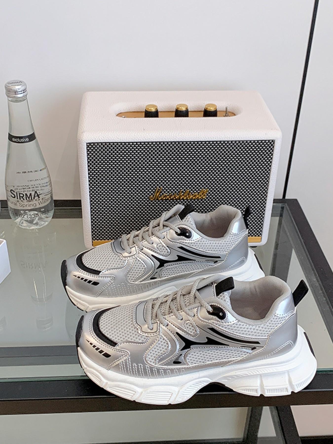 Women's Silver Patchwork Sneakers, Thick Sole Dad Shoes, Casual Round Toe, Medium Width, All Seasons, Multiple Colors Available