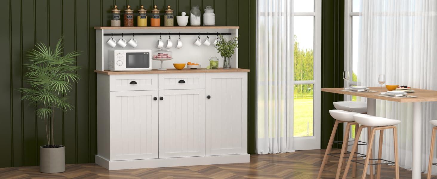 Farmhouse Kitchen Pantry Cabinet with 2 Drawers, Sideboard Buffet Cabinet with 3 Doors for Kitchen,Coffee Bar Cupboard Cabinet with Adjustable Shelves for Dining Room