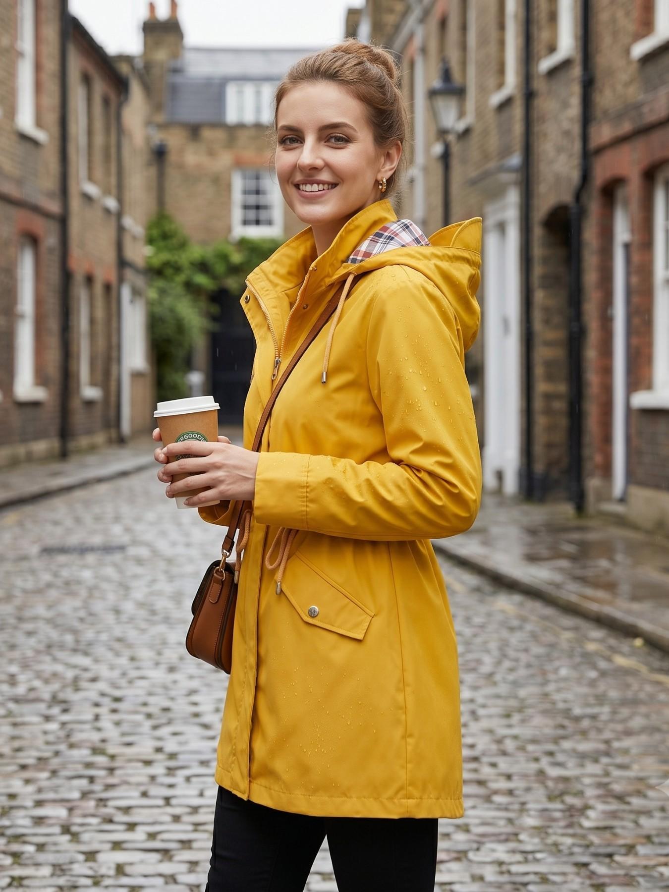 Women's Solid Color Drawstring Zip Up Hooded Trench Coat Raincoat, Casual Long Sleeve Waterproof Windproof Breathable Outerwear for Spring & Fall, Ladies Clothes for Daily Wear