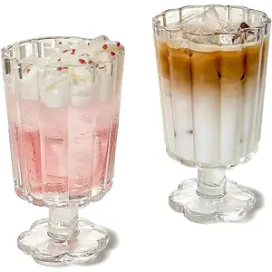 Footed Ice Cream Cups Drinking Glasses Set of 2 (Transparent), Flower Petal Style Glass Goblet, Suitable for Juice, Ice cream, Cocktails, Dessert & More.