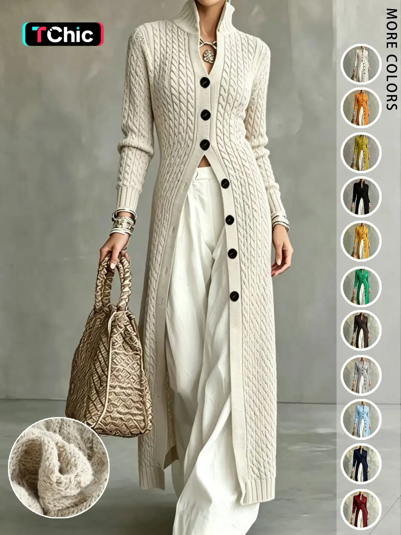 Women's Cable Knit Long Cardigan, Stand Collar Single Button Fall Winter Commute Jacket, Slim Fit Elegant Outerwear for Daily Wear Knitwear