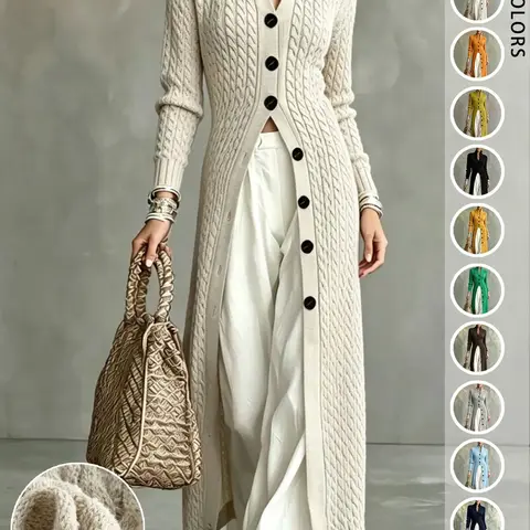 Women's Cable Knit Long Cardigan, Stand Collar Single Button Fall Winter Commute Jacket, Slim Fit Elegant Outerwear for Daily Wear Knitting