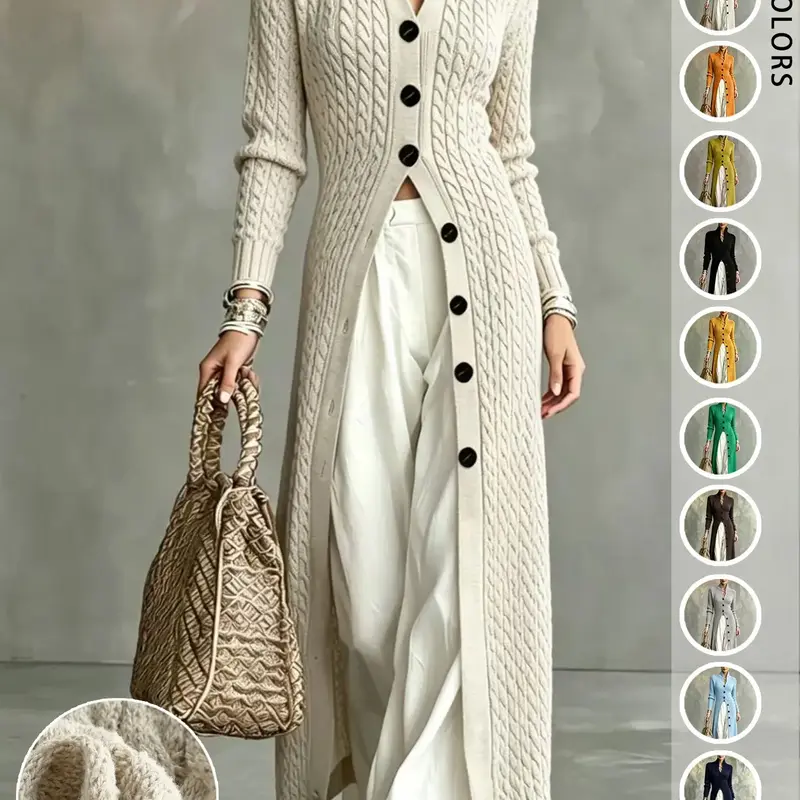 Women's Cable Knit Long Cardigan, Stand Collar Single Button Fall Winter Commute Jacket, Slim Fit Elegant Outerwear for Daily Wear Knitting
