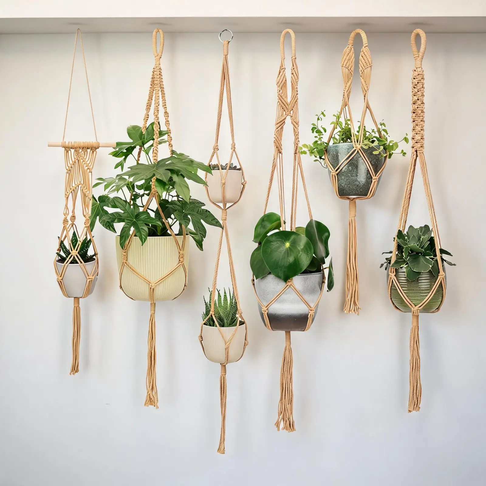 6-Pack Boho Macrame Plant Hangers, Hand-Woven Cotton Rope Set, Mixed Lengths, Adjustable Size, Ceiling Mount-Wall Display, Fits Various Pot Sizes, Outdoor Patio Green Decor for Living Room Balcony