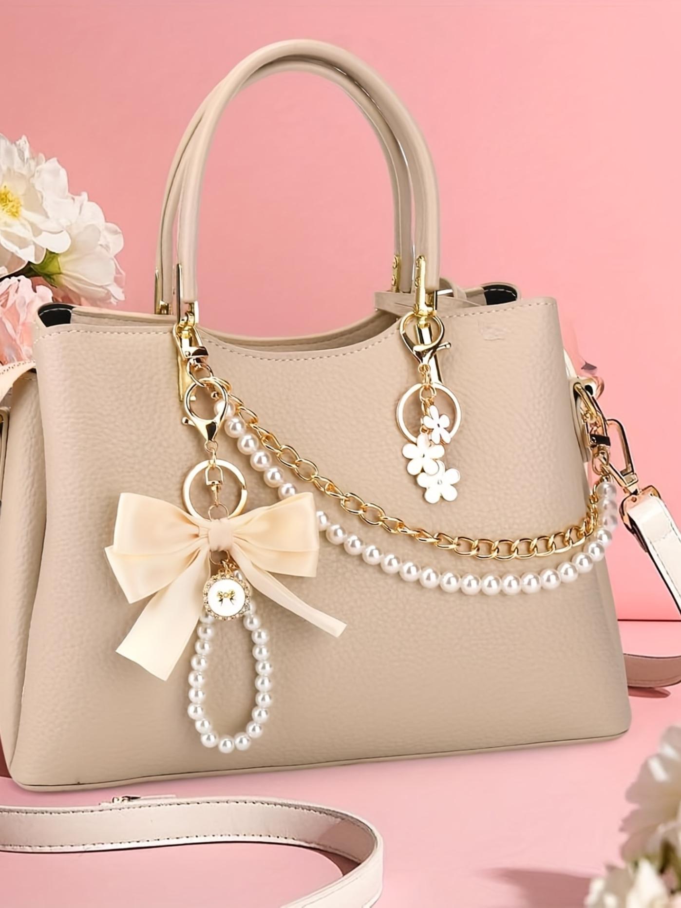 3pcs/Set Elegant Metal Bag Charms & Keychains Set-Double Layer Faux Pearl Bead & Chain Purse Charms,Decorative Bag Chain Handbag Decoration Purse Bag Extender Chain Bag Strap Purse Charms Accessories Keychain Kawaii Accessories For Bags