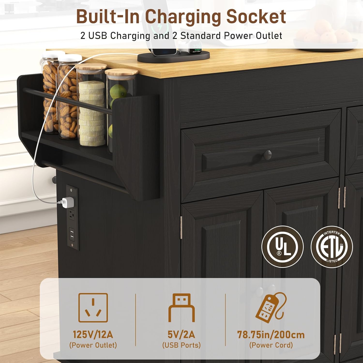 80"-48" Extendable Kitchen Island with Extended Dining Table and Power Outlet,Large Mobile Kitchen Storage Islands with 2 Storage Drawers,Rolling Islands Cart with 3 Extra Rows Open Shelves(White/Black/Brown/Blue)