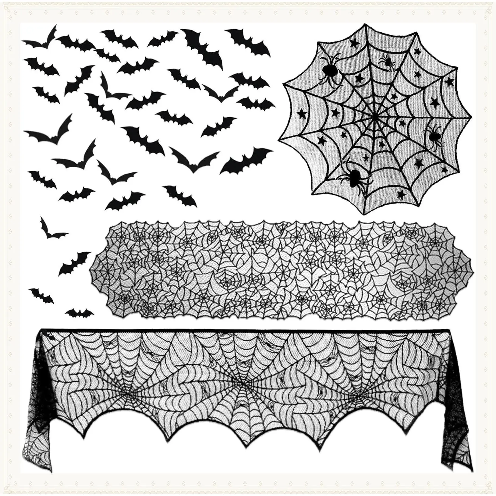 39 Pcs Halloween Decorations Kit Black Lace Spiderweb Tablecloth | Black Lace Spiderweb Round Tablecloth, Table Runner, Fireplace Scarf and 36 Scary Bat Wall Stickers For Halloween Party DecorGift