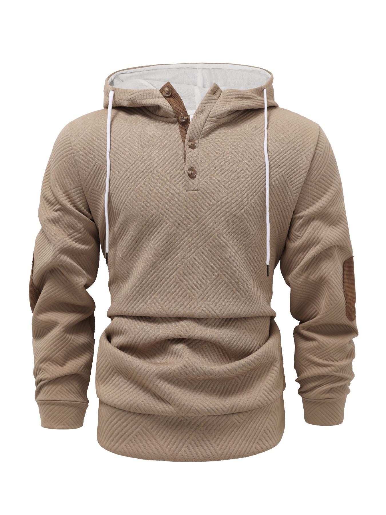 Men's solid color hoodie with texture, basic spliced color elbow patch design casual long sleeve top, men's autumn and winter hoodie, mens clothing, sports apparel, Fitted