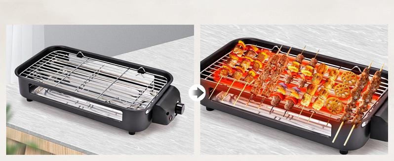 Pukomc Compact electric indoor grill with 5 heat settings, non-stick coating & removable drip tray. Dishwasher-safe for easy cleaning—ideal for quick, smokeless BBQ anytime.