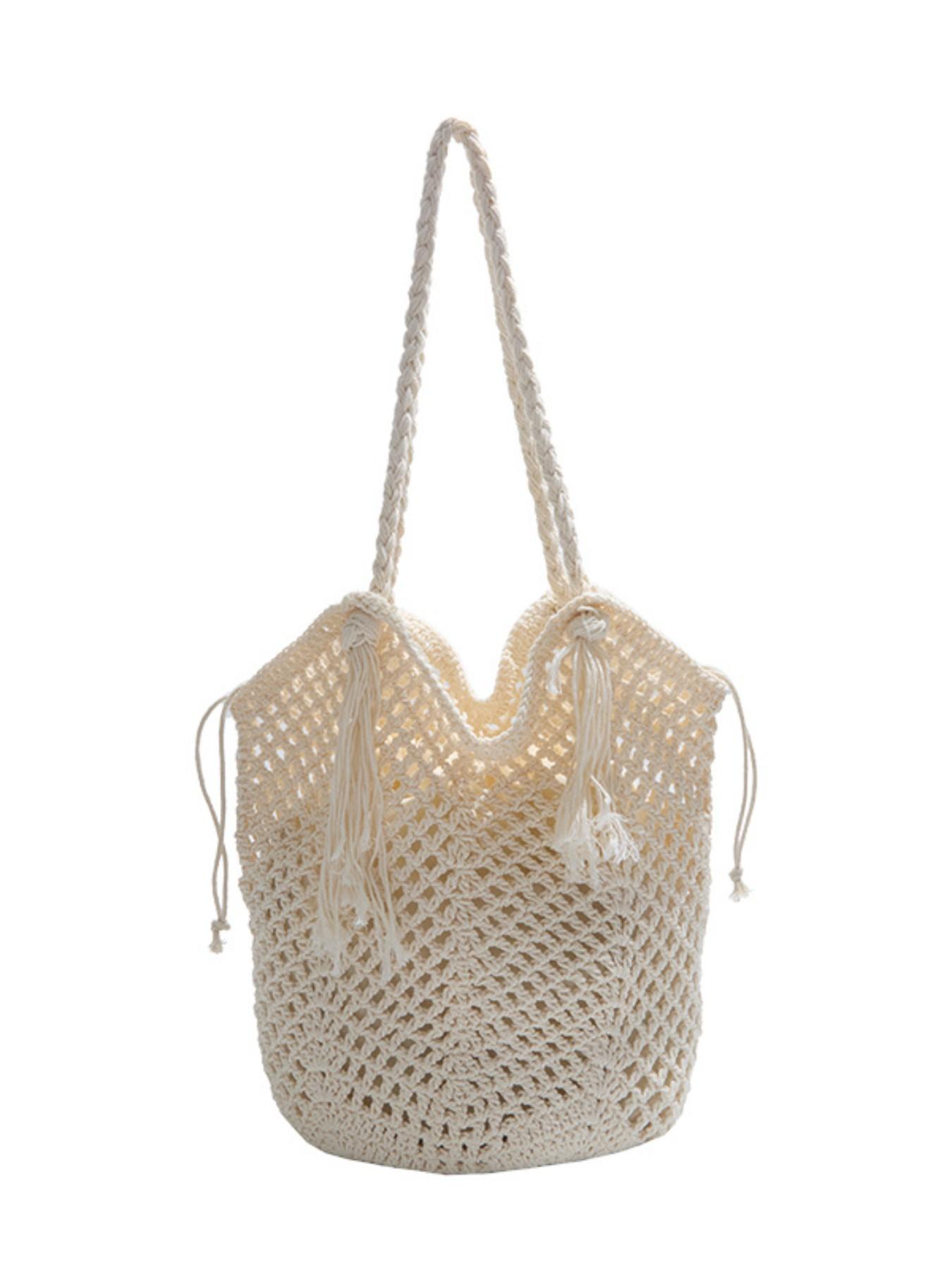 Large Capacity Cotton Rope Woven Tote Bag for Women, 2026 Spring Hollow Out Straw Shoulder Bag, Beach Vacation Crossbody Bag