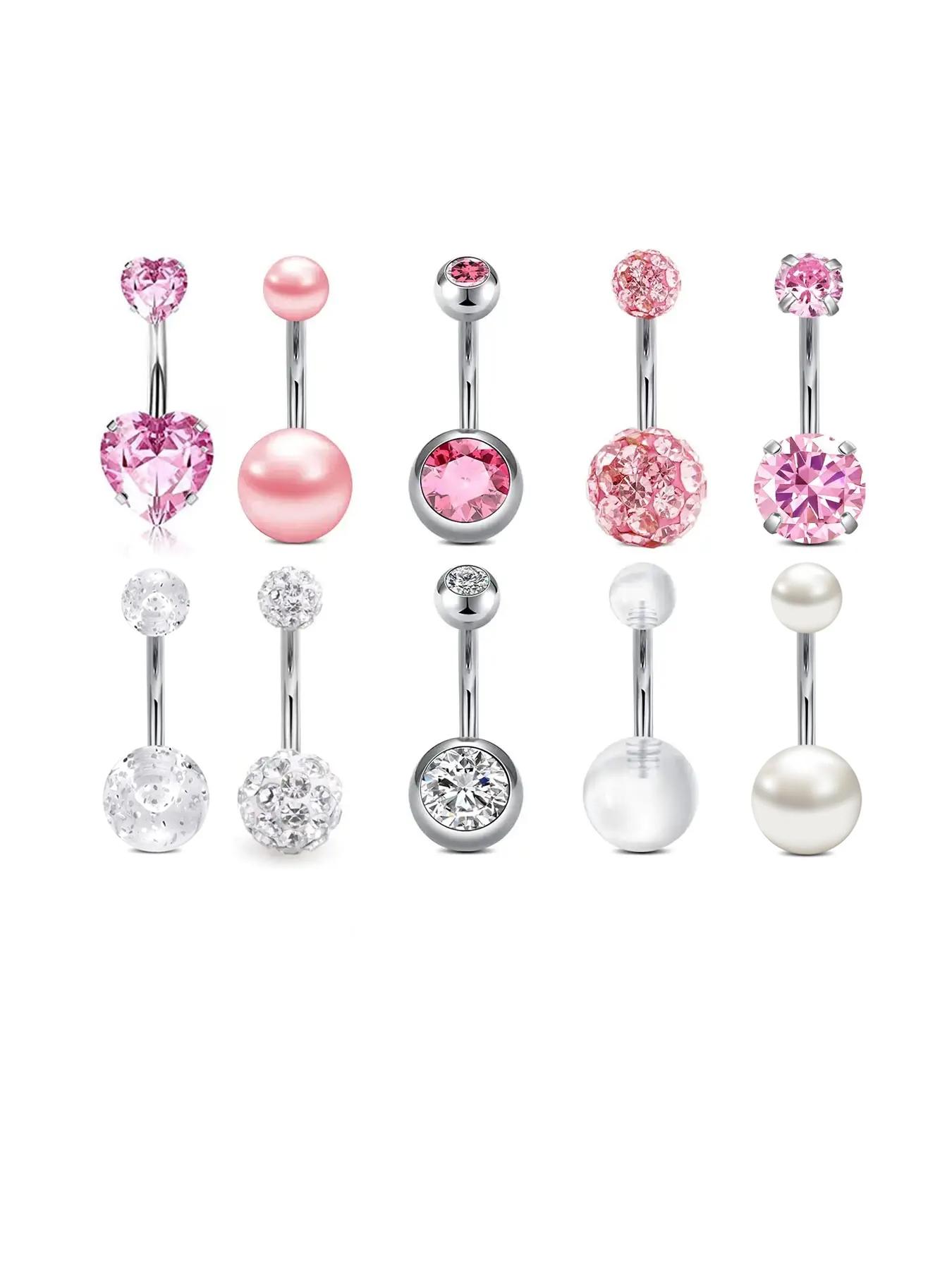 10pcs/set Elegant Rhinestone Heart Decor Belly Button Ring, Trendy Women Belly Piercing Body Jewelry, Classic Fashion Accessories for Daily Wear, Valentine's Day Gift, Body Piercings Set