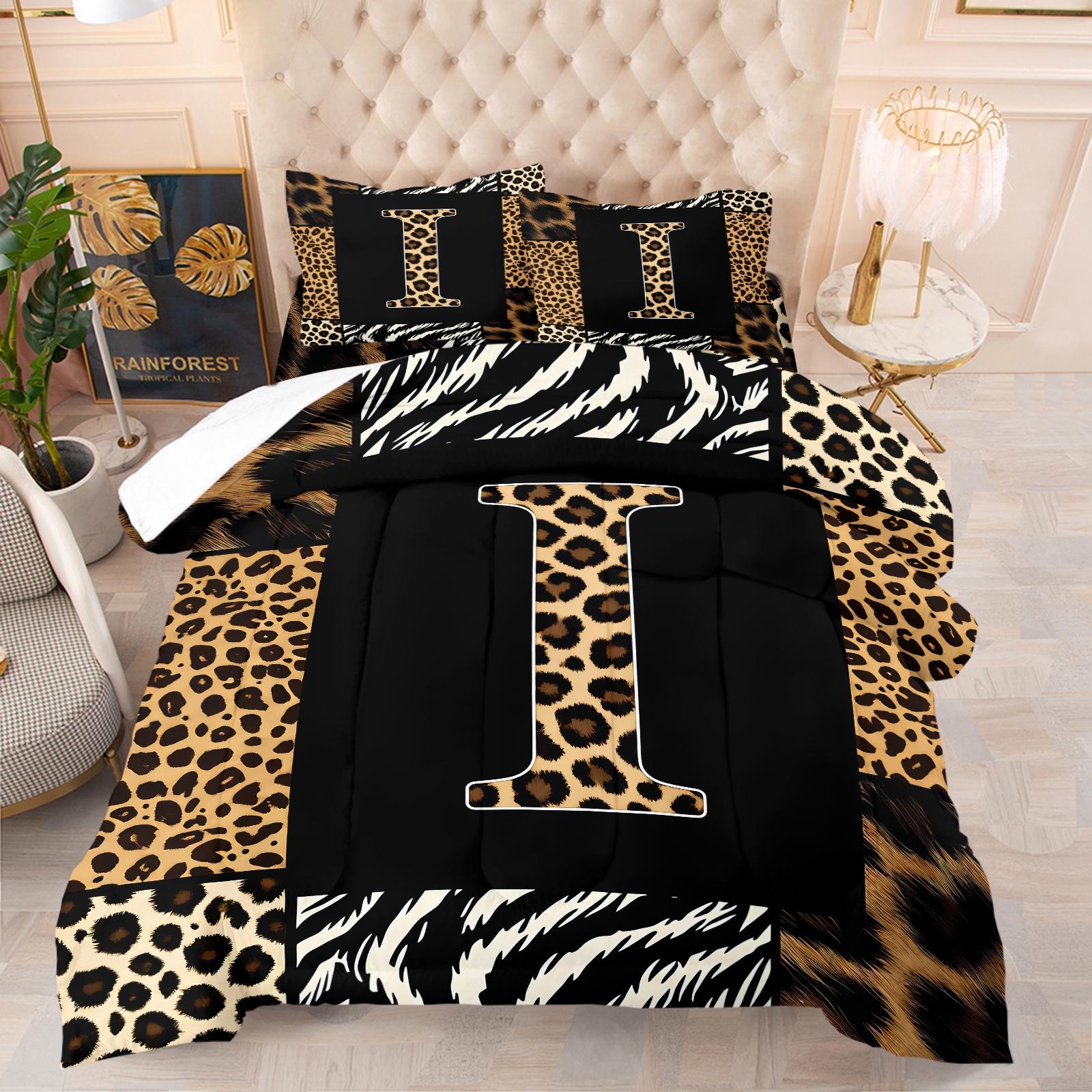 Wild Patchwork First Letter Print Comforter Set & 1-2 Pillowcases No Core, Leopard Print Letters A-Z, Zebra, Hair Texture Collage Pattern, Soft Warm Bedding, Wild Sexy Bedroom Decor, Ideal Gift Choice