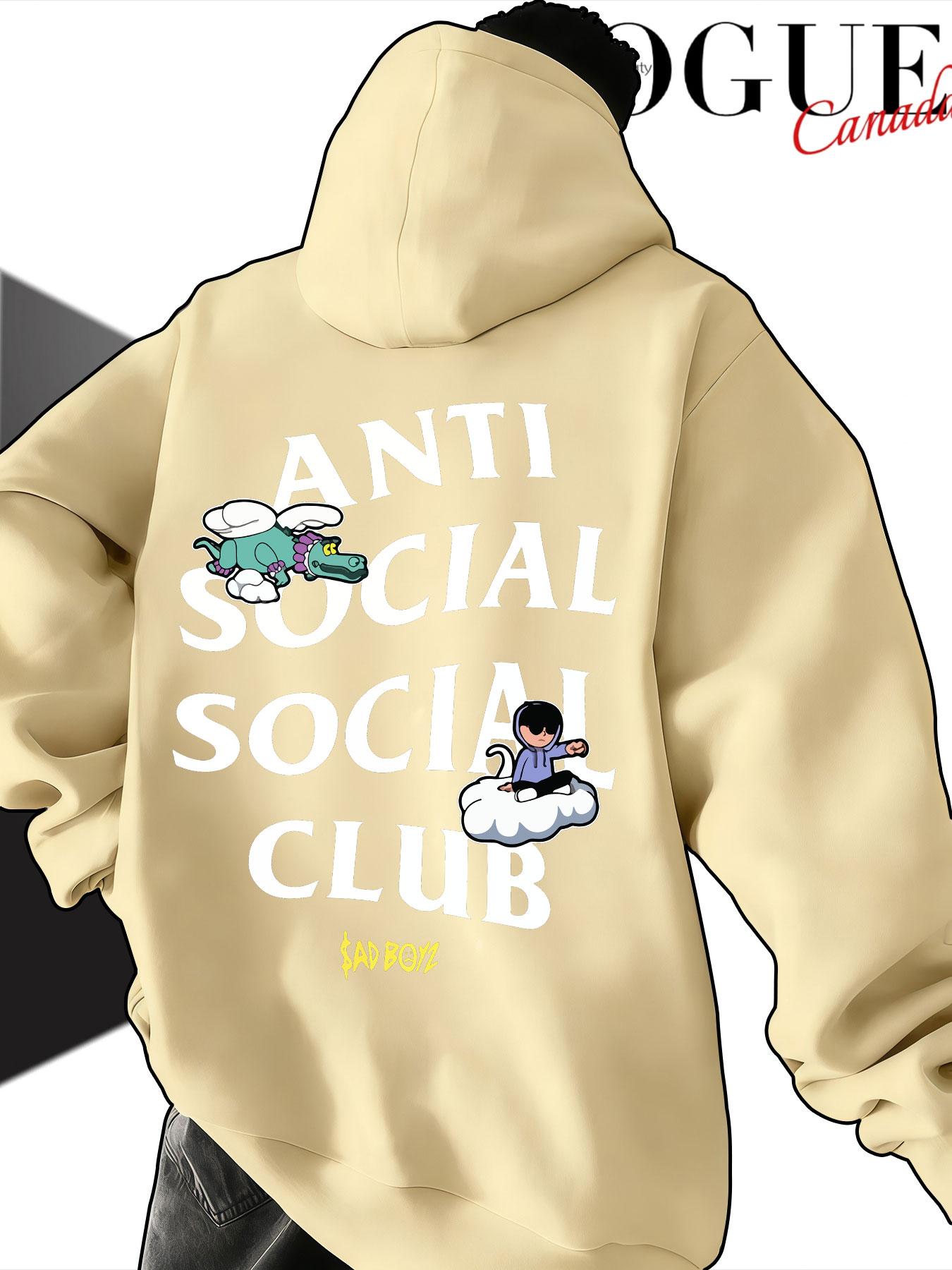 Men's Hooded Sweatshirt Fall Anti Social Social Club Cartoon Print, Casual Loose-Fit Streetwear, Trendy Drop Shoulder Top