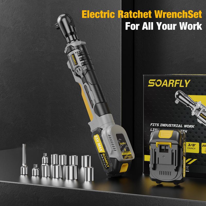 SOARFLY 135NM(100Ft-LBS) 3/8" Cordless Ratchet Wrench, 250RPM, 2 x 21V Batteries, With Variable Speed, 8 Sockets, 1/4" and 1/2" Adapter, 3" Extension Bar