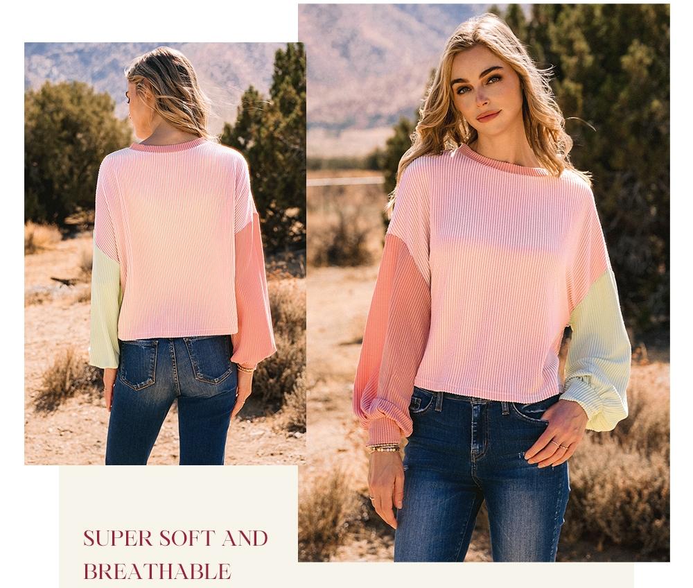 Women's Colorblock Twisted Ribbed Knit Dropped Shoulder Long Sleeve Cropped Sweatshirt, Casual Round Neck for Fall Winter, Ladies Daily Wear