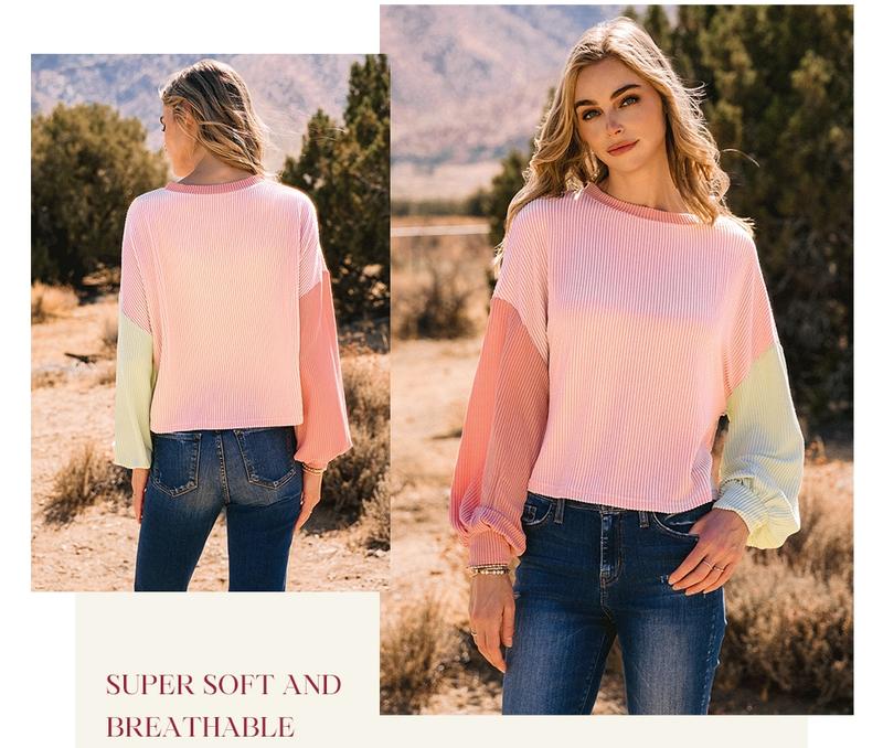 Women's Colorblock Twisted Ribbed Knit Dropped Shoulder Cropped Sweatshirt, Casual Round Neck for Fall Winter, Ladies Daily Wear, Casual Pullover Tops