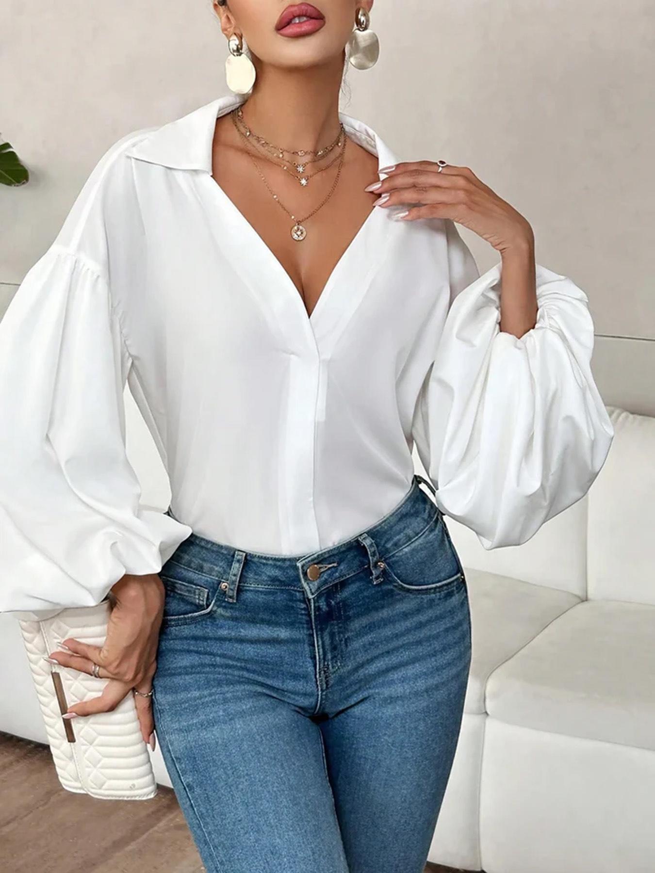 Women's Casual Versatile V-Neck Puff Shirt，Long Sleeves Solid Color Blouse , Stylish and Comfortable, Perfect for Daily Wear, Ladies Fashion Essential