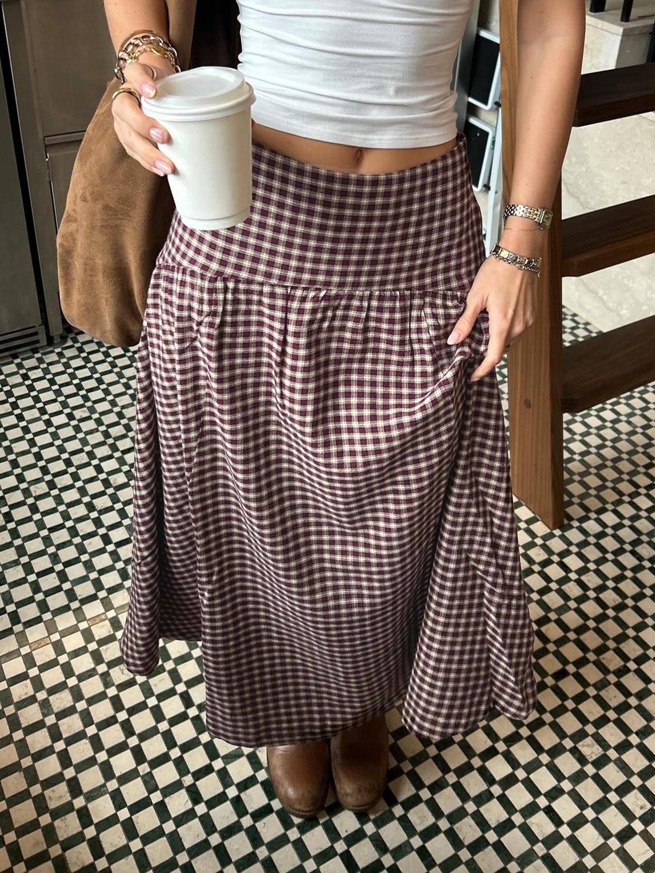 Vintage Academical Style Classic Gingham Loose High Waist A-Line Skirt for Women, Clothes, Casual Midi Skirt, All Seasons, Loose-Fitting