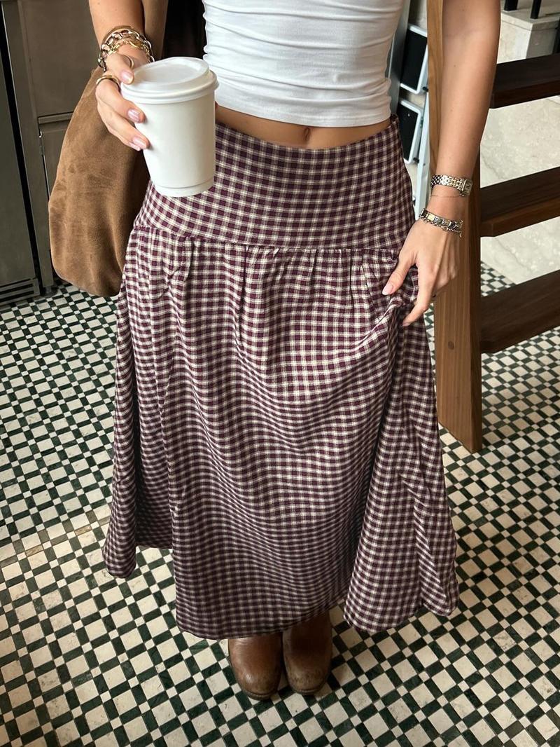 Vintage Academical Style Classic Gingham Loose High Waist A-Line Skirt for Women, Casual Midi Skirt, All Seasons, Loose-Fitting
