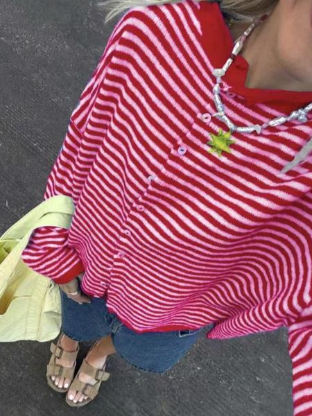 Elegant Knitted Cardigan for Fall & Winter, Unique Design Colorblock Striped Sweater, Long Sleeve Casual Fashion Knitwear