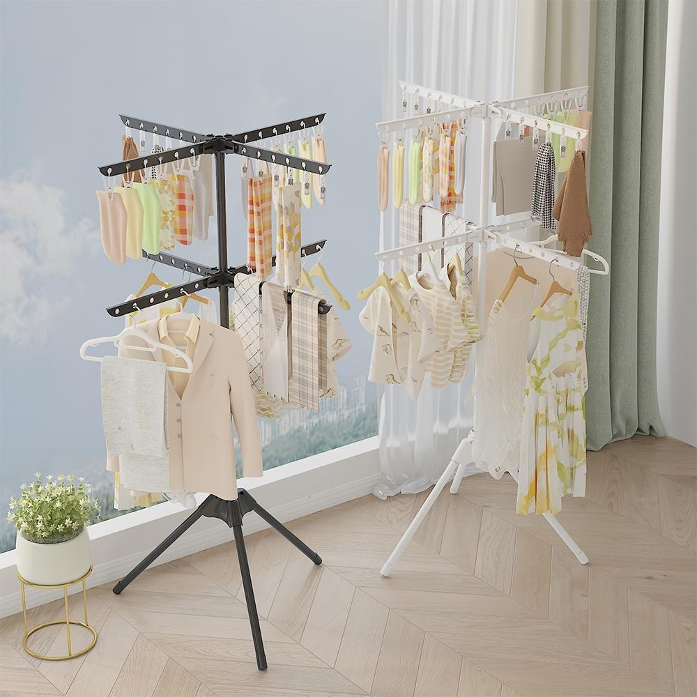 Space-Saving Foldable Tripod Clothes Drying Rack with 24 Clips, Ideal for Indoor, Poolside, RV Travel, Compact Laundry Stand, Lightweight Portability