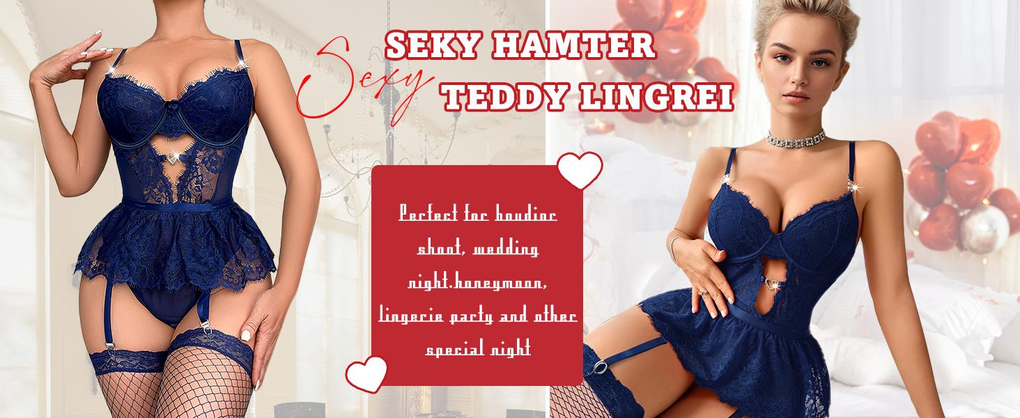 Sexy Stocking Rhinestones Heart Garter Underwire Floral Mesh lace Sheer Babydoll Lingerie Teddy Bodysuit Skirt Set