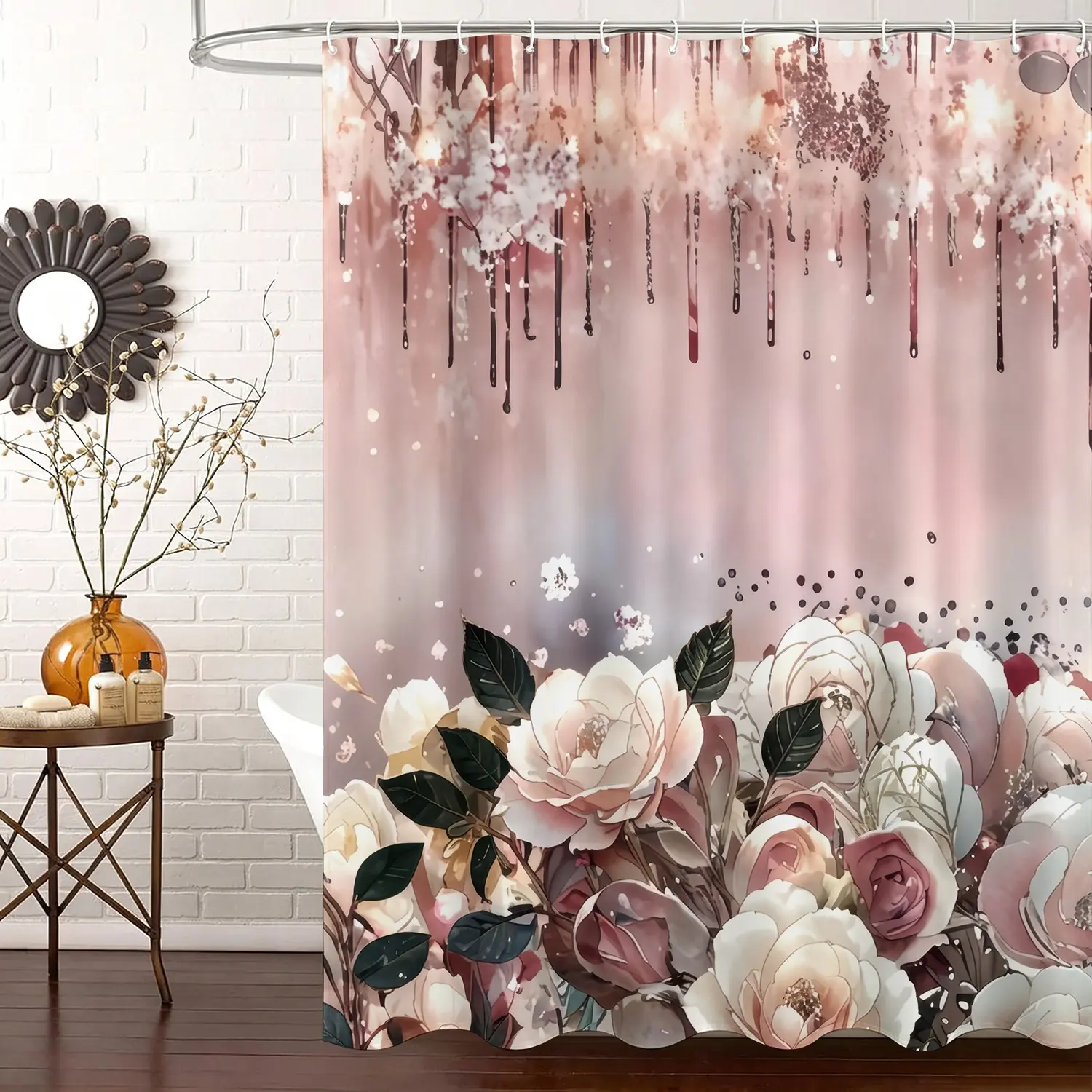 Romantic Blush Rose Floral Shower Curtain Set, Elegant Style Bathroom Revamp Dreamy Design, Waterproof Fabric Bathtub Curtain 72"x72" with 12 Hooks, Ideal for Flower Lover Bathroom Decor Accessories