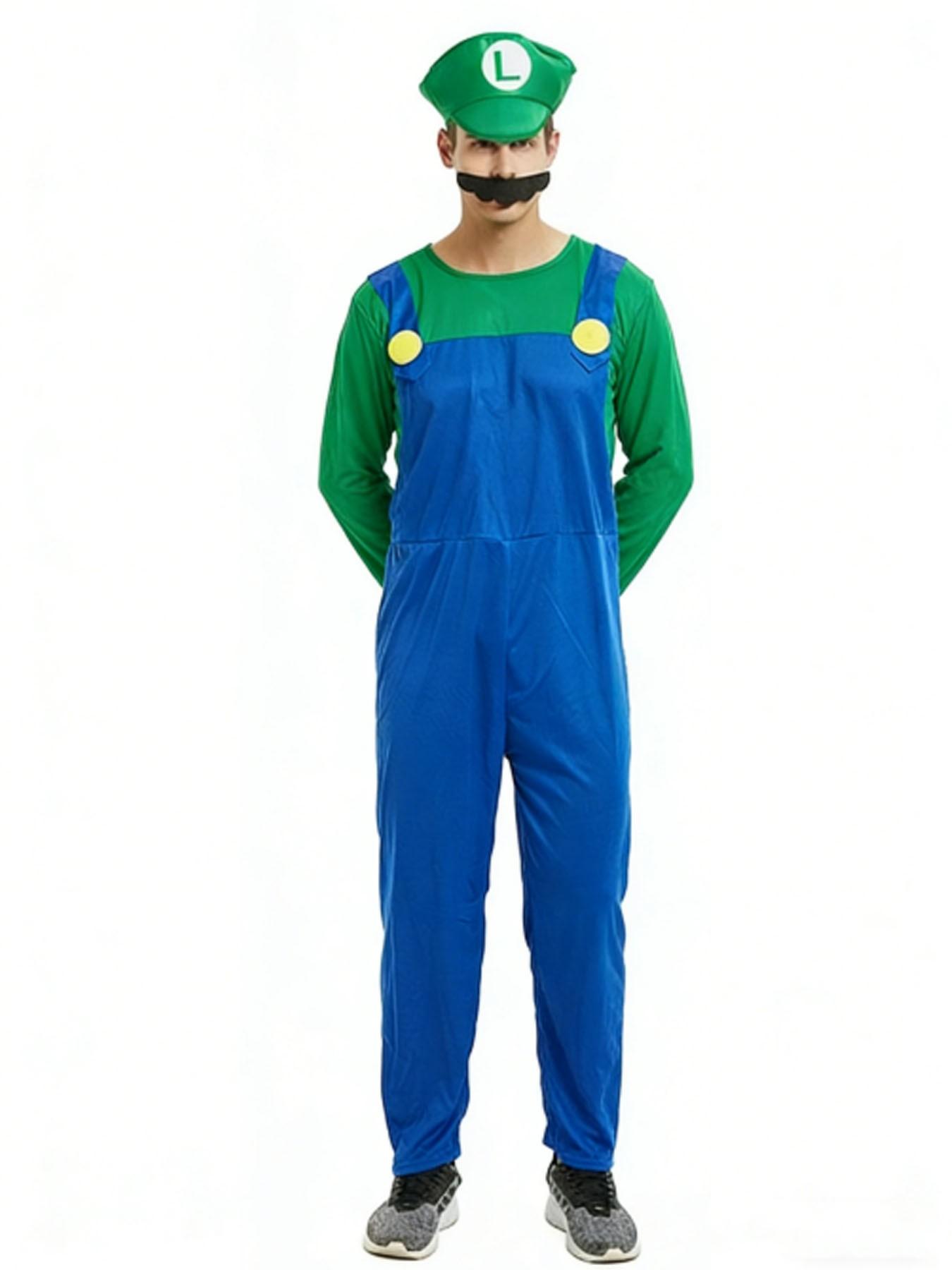 Adult Men's Luigi Game Brothers Dance Costume Set, Halloween Party Onesie Gift, Super Bros Role Play, Long Sleeve Fitted Cartoon Pattern