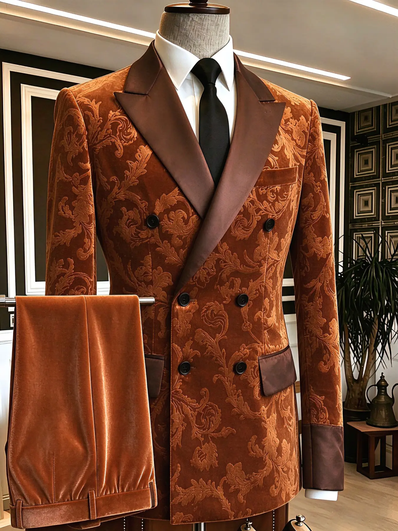 Ainwear Wedding Prom Banquet 2 Piece Men Brown Jacquard Velvet Suit Set Double Breasted Peak Lapel Floral Pattern Luxury Vintage Fall Winter Classic Fit Formal Stage Party Outfit