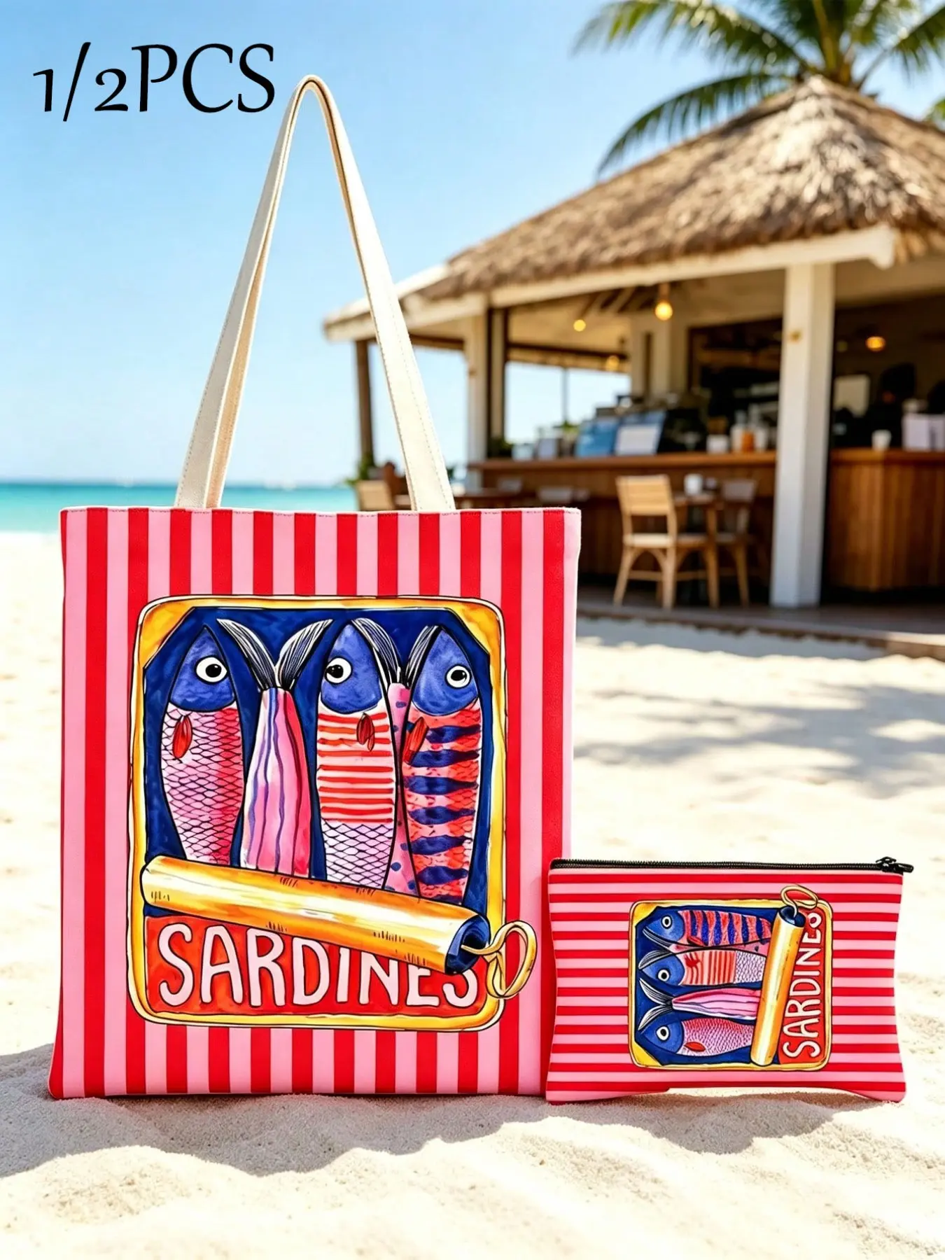 Retro and Striped Sardine Can Tote Bag with Makeup Pouch Summer Beach Pack Large Capacity Versatile for Travel and Daily Use, Perfect Gift for Women and Girls