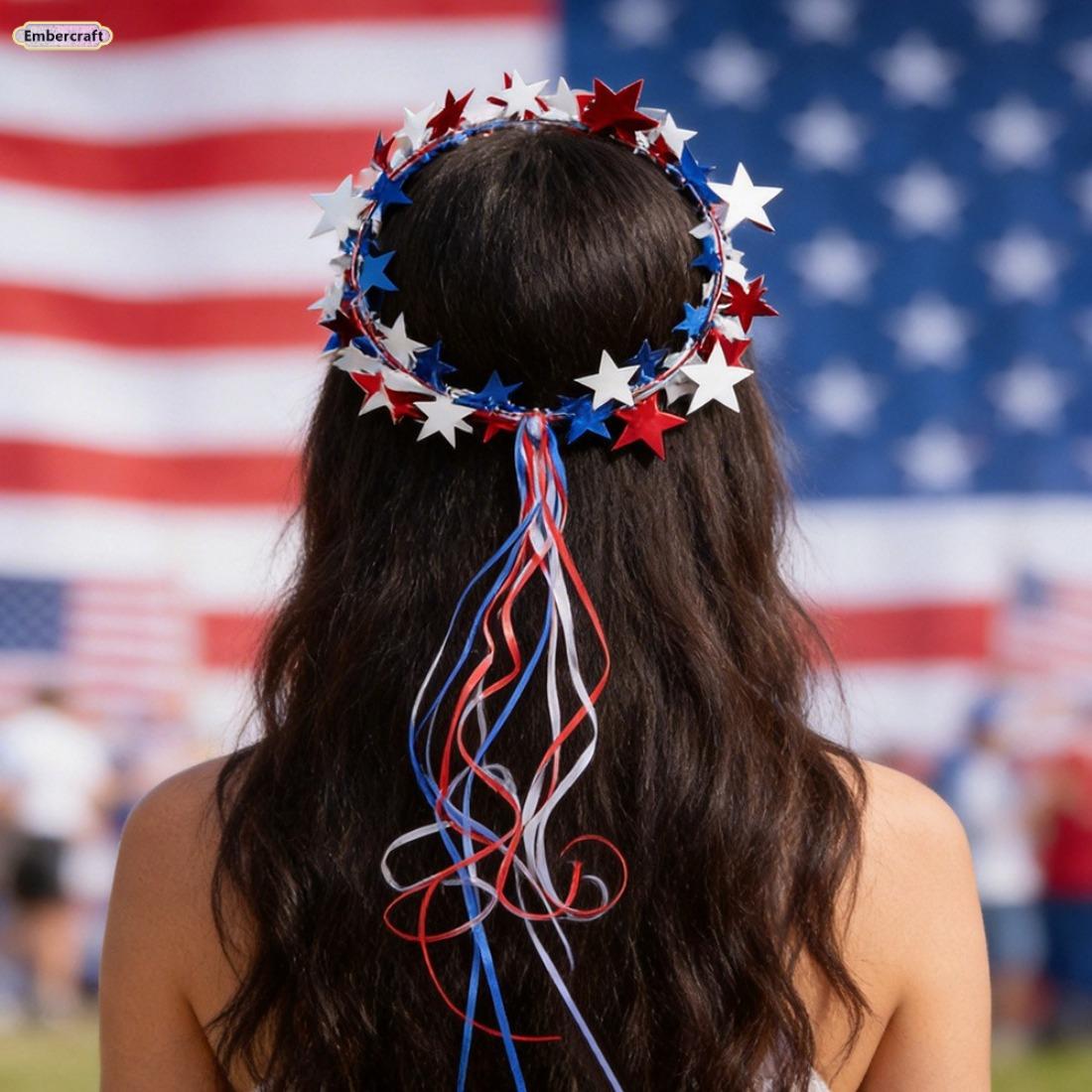 USA 250th Anniversary Star Headband - Patriotic Red-White-Blue Ribbon Wreath, 4th of July Accessories, Sestercentennial Party Favor, Festive Kids' Performance Hair Accessory