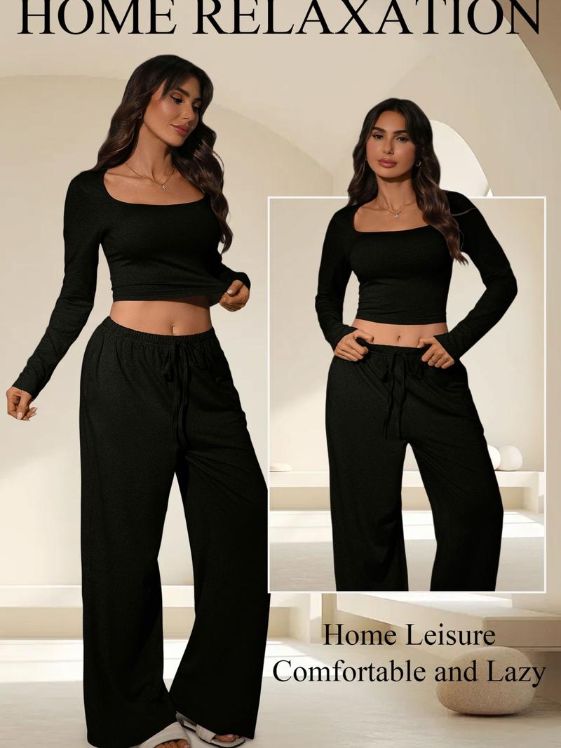 2026 Women's 2 Piece Matching Lounge Set, Square Neck Long Sleeve Crop Top, High Waisted Wide Leg Drawstring Pants, Casual Sweatsuit