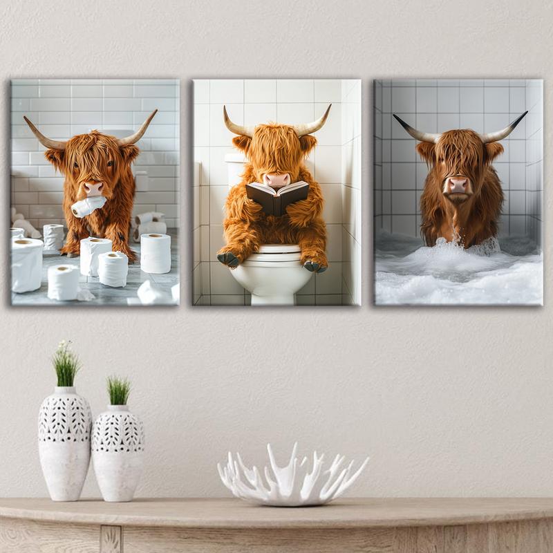 Highland Cow Pattern Canvas Framed Painting, 3 Counts Modern Wall Art Painting, Wall Art Decor for Home Interior Living Room Bedroom Office, Ornaments, Indoor Decoration #TOP PICKS