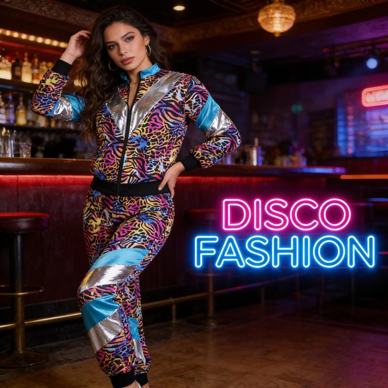 Unisex 2-piece 80s Party Photobooth Props Retro Leopard Print Sportswear Full Zip Jacket and Elastic Pants Disco Dance Costumes for Themed Party Events