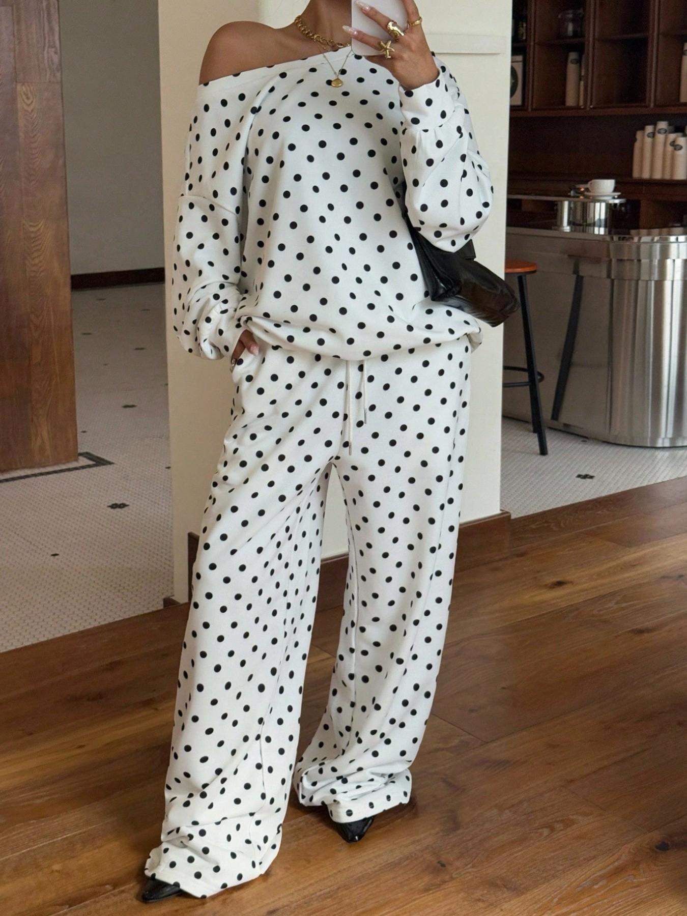 2026 Fall Women Polka Dot 2 Piece Matching, off Shoulder Long Sleeve Top, Adjustable Drawstring Wide Leg Pants, Casual Loungewear Set