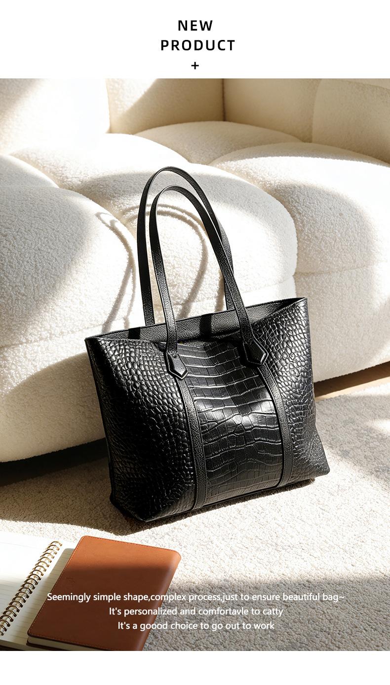 Cross-border leather alligator pattern Cowhide Bag large-capacity women's new versatile casual shoulder bag premium daily commuter tote bag 2026