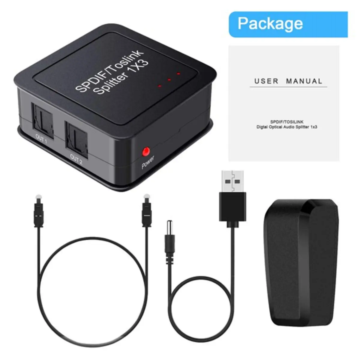 1-in-3 Out Compact Digital Optical Audio Splitter, SPDIF Optical Fiber Adapter with Cable & USB Power for Stereo Speakers, Audio Connection Accessories & Equipment Protection Setup