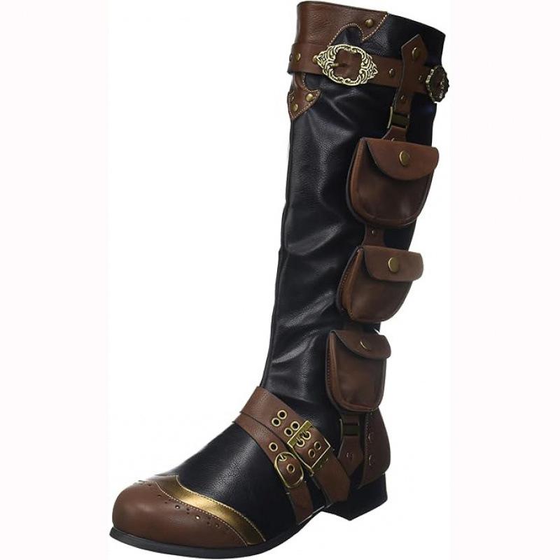 Men's Large-Size Medieval Steampunk Retro High Boots with Pockets - Time Traveler Cosplay, Halloween Pirate Footwear, Decor, Polyester